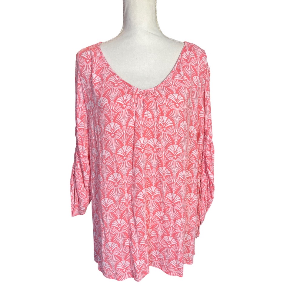 Lane Bryant Womens Coral Fan Shell Print Ruched‎ Sleeve Boho Blouse Size 16